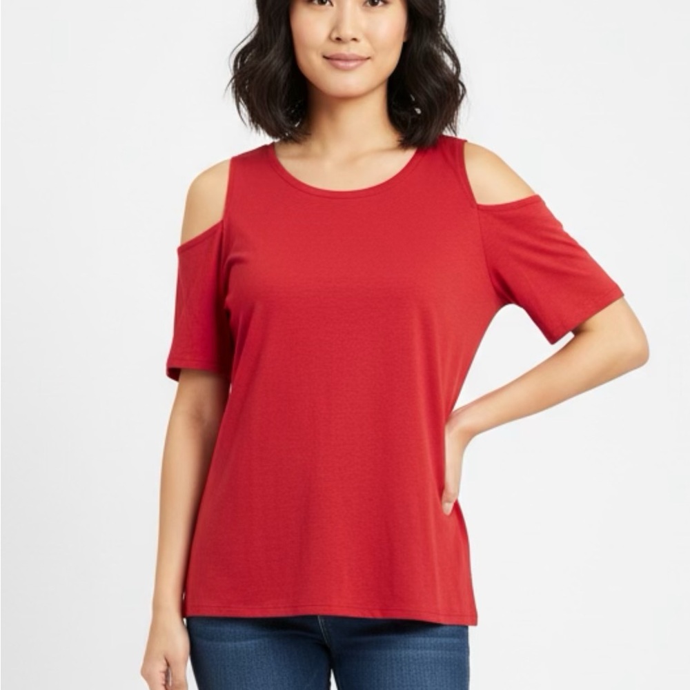 Woman Within Red Cold Shoulder Short Sleeve Top